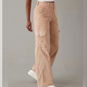 American Eagle Super High Rise Baggy Cargo Wide Leg Pants Size 16 Beige Corduroy